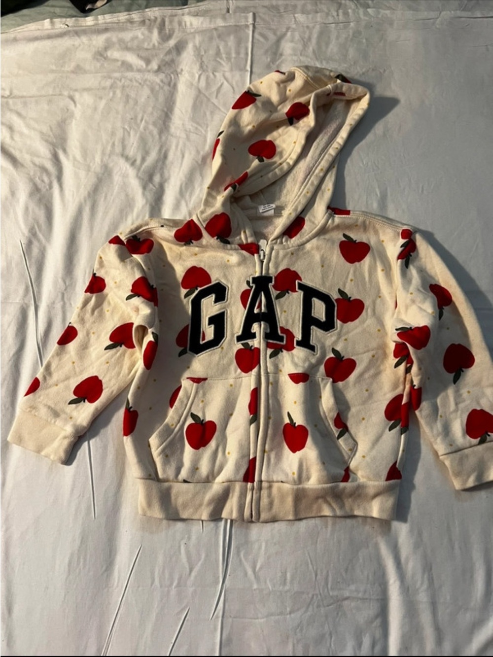 GAP Cream Zip Hoodie with Red Apple Print